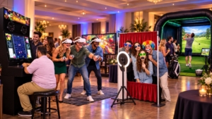 Indoor Philadelphia party with arcade, virtual reality, photo booth and golf simulator rentals