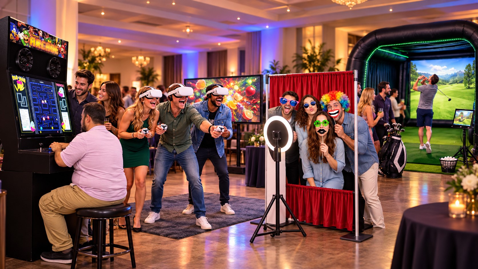 Indoor Philadelphia party with arcade, virtual reality, photo booth and golf simulator rentals