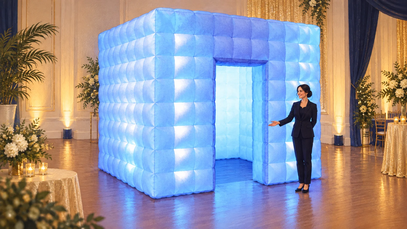 Illustrated blue inflatable photo booth with its doorway and surrounding entry space visible.
