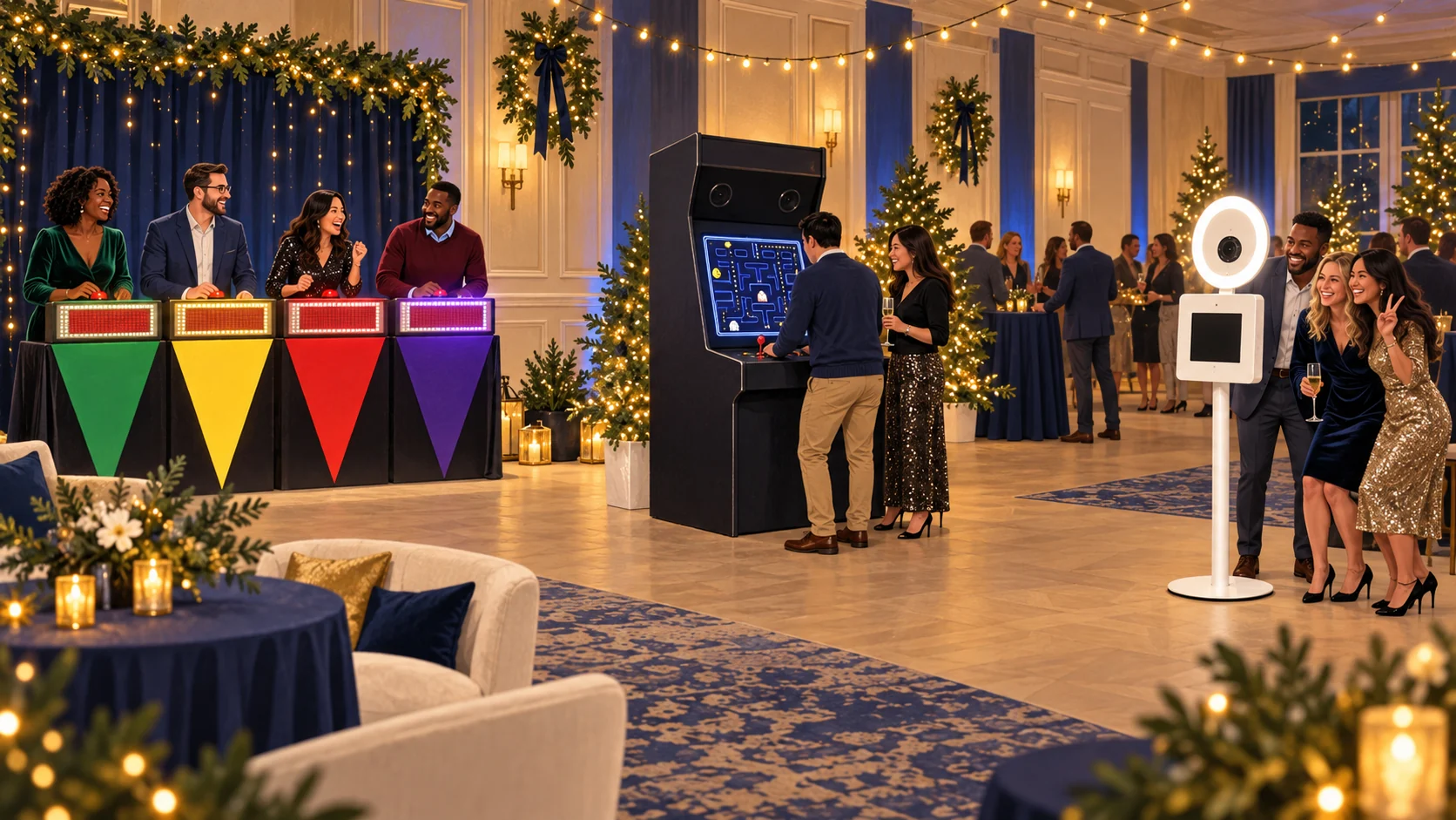 Illustrated holiday reception with game-show podiums, an upright arcade cabinet, and an open-air photo booth.