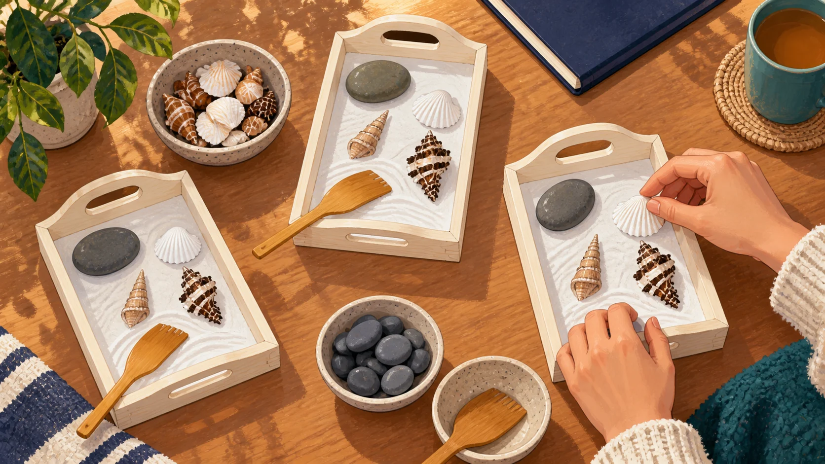 Illustrated close-up of small wooden sand-garden trays, shells, stones, and craft tools.