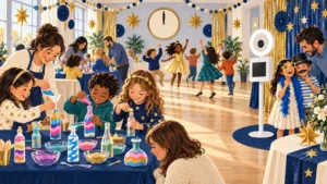 Illustrated daytime family New Year party with a sand-art table, open-air photo booth, and a clock at noon.