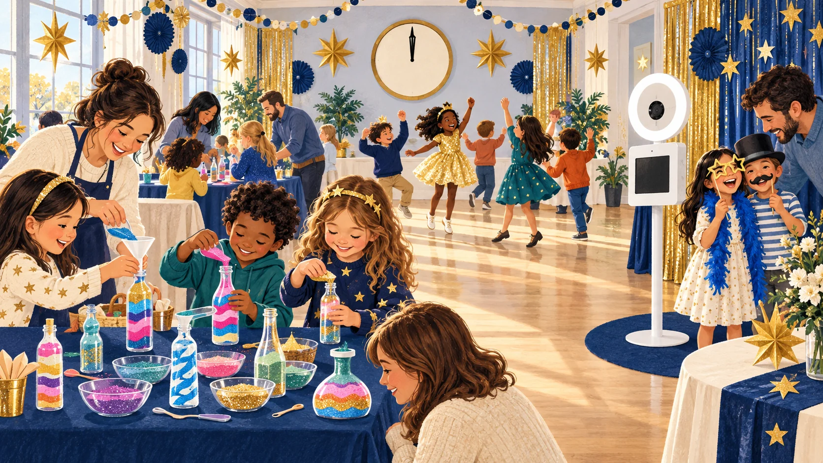 Illustrated daytime family New Year party with a sand-art table, open-air photo booth, and a clock at noon.