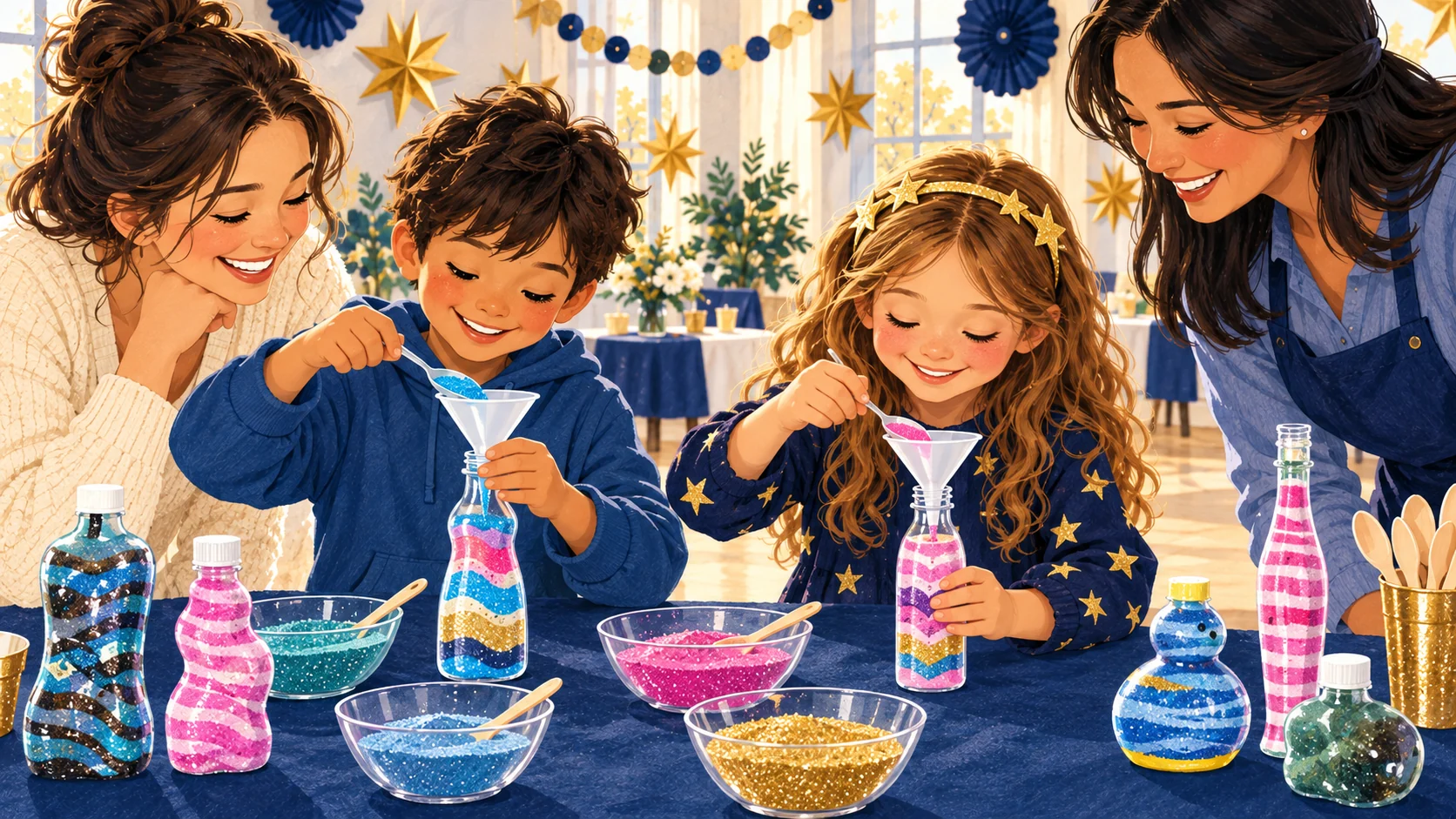 Illustrated children and a supervising adult creating colorful sand-art keepsakes.