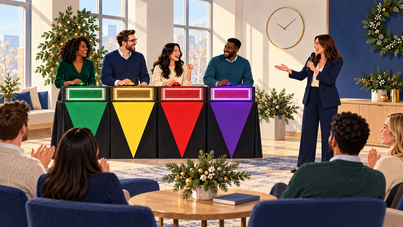 Illustrated lunchtime office celebration with coworkers at four colorful game-show podiums.