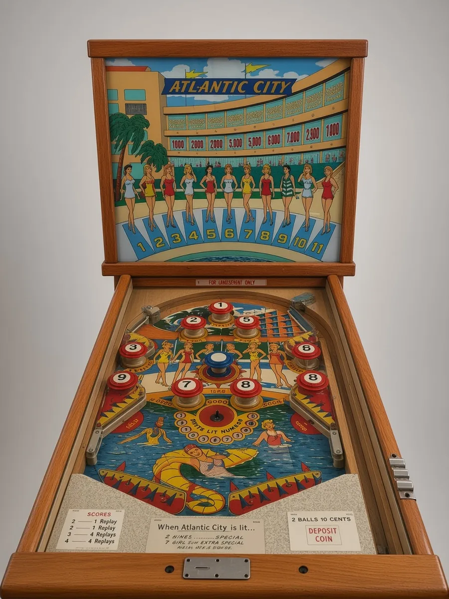 Vintage Atlantic City machine in a wood cabinet, a modified Bally Beauty Contest, from Party Pros East Coast
