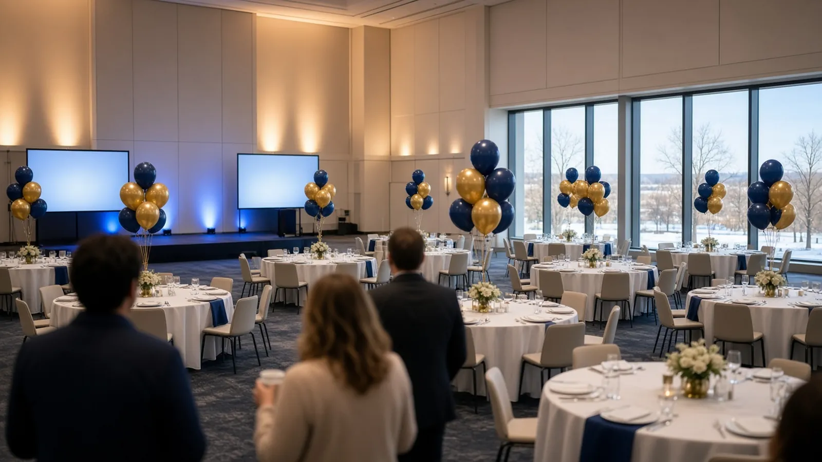 Banquet hall set for a company kickoff event with navy and gold balloons and stage lighting
