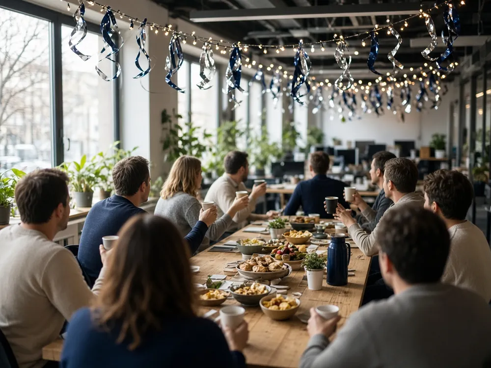Coworkers sharing coffee and snacks at a long table during a new-year office kickoff