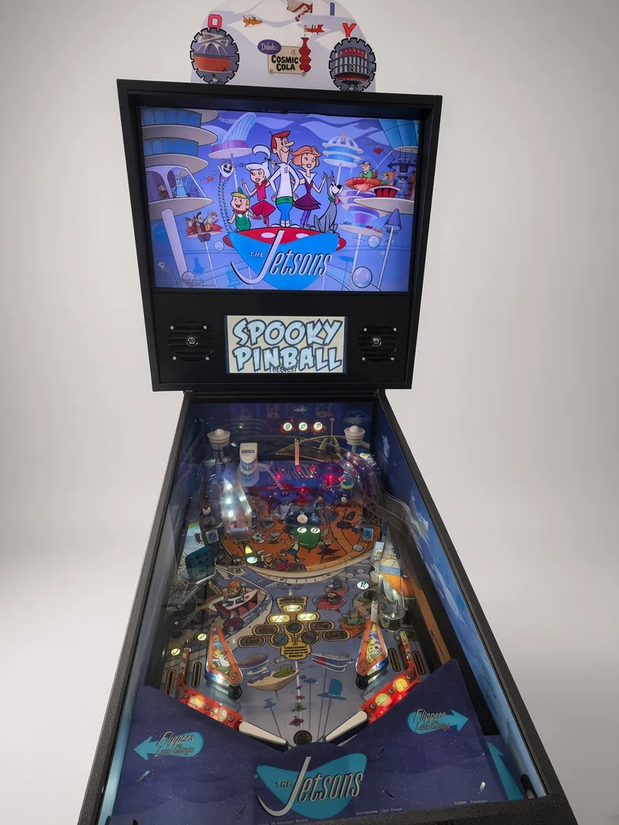 The Jetsons pinball machine by Spooky Pinball with video backbox, available to rent from Party Pros East Coast