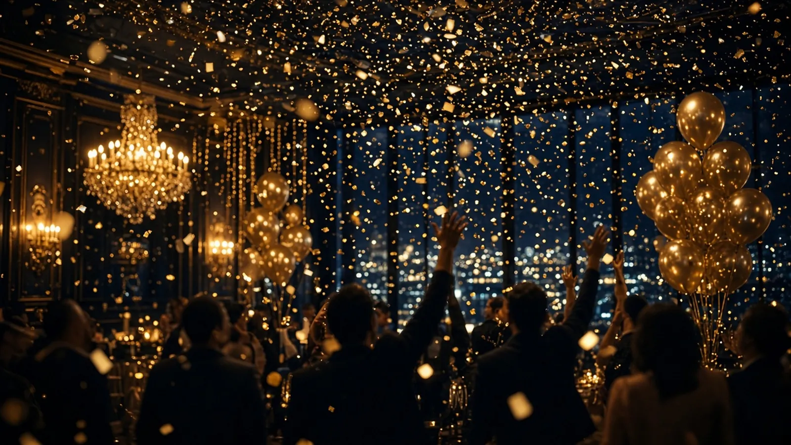 Gold confetti falling over guests at a New Year's Eve party in a chandelier ballroom