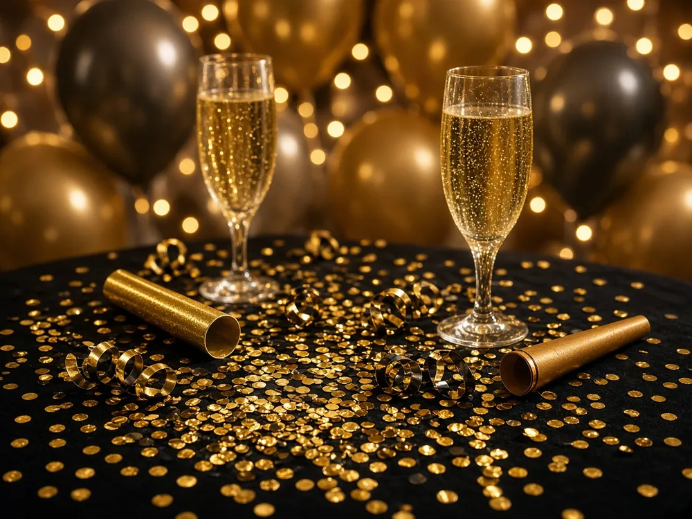 New Year's Eve party table with gold confetti, streamers and sparkling glasses