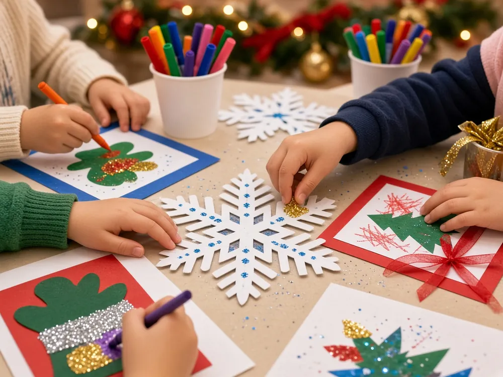 Children decorating paper snowflakes and holiday cards at a school party craft table
