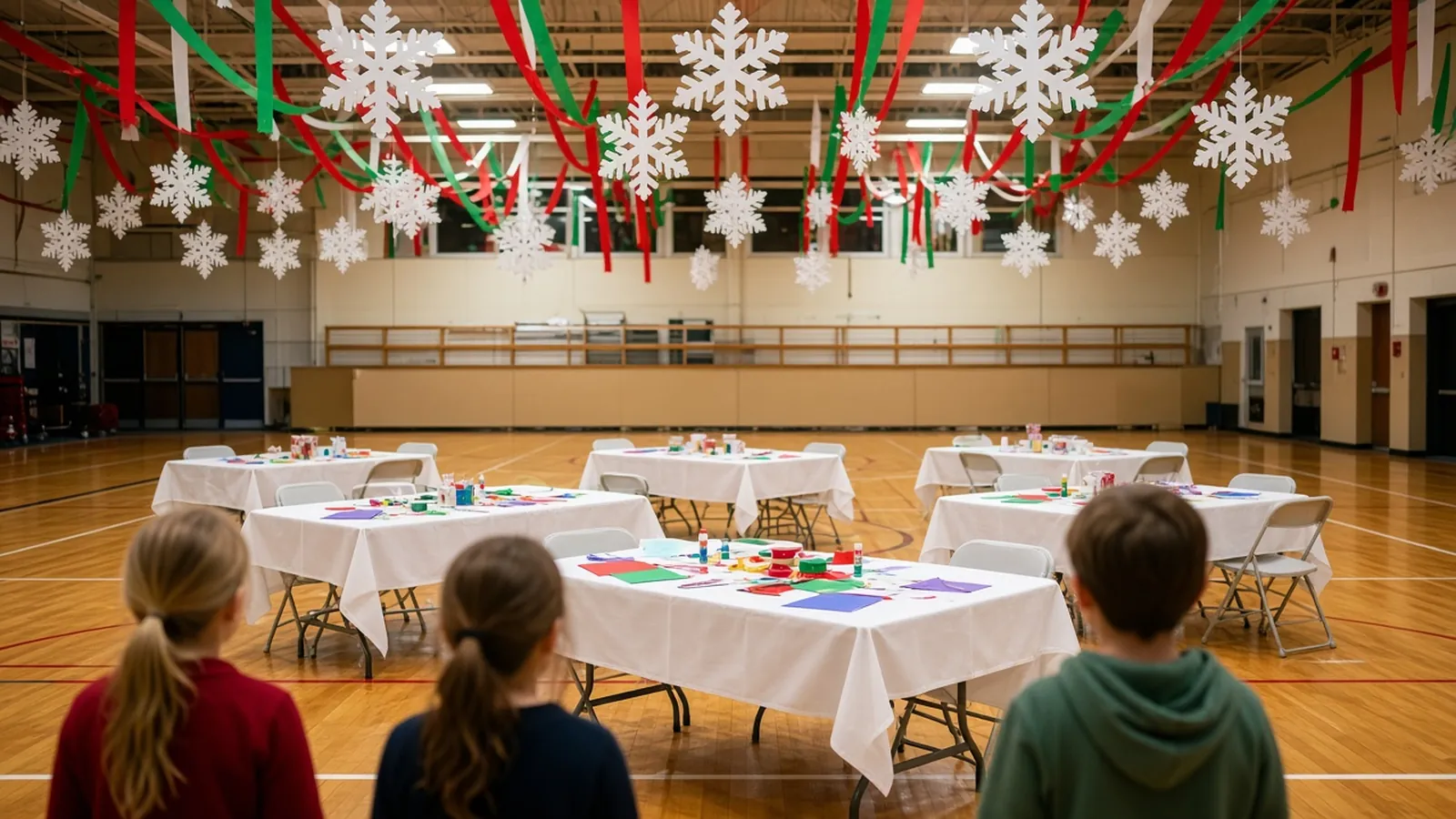 School gym decorated with paper snowflakes and streamers, with craft tables set for a holiday party