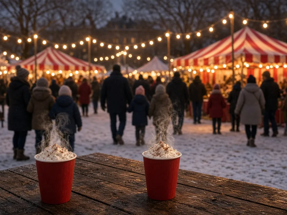 Hot cocoa on a table at an evening winter carnival with striped tents and string lights