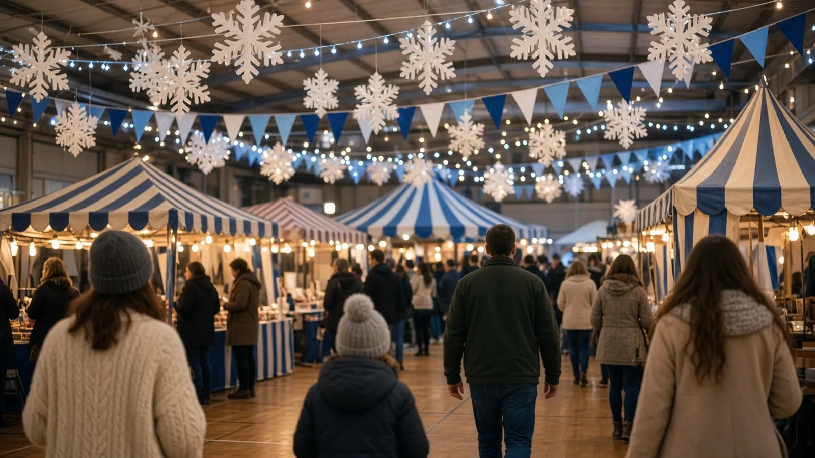 Indoor winter carnival with paper snowflakes, blue and white bunting and striped booth tents